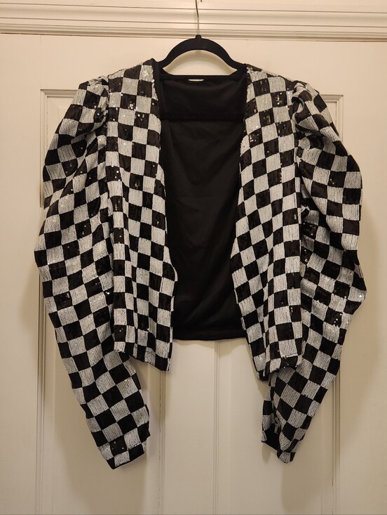 Vintage Jackets & Blazers - Vintage Black White Checkerboard Festival Sequin Puff Sleeve Blazer Jacket L